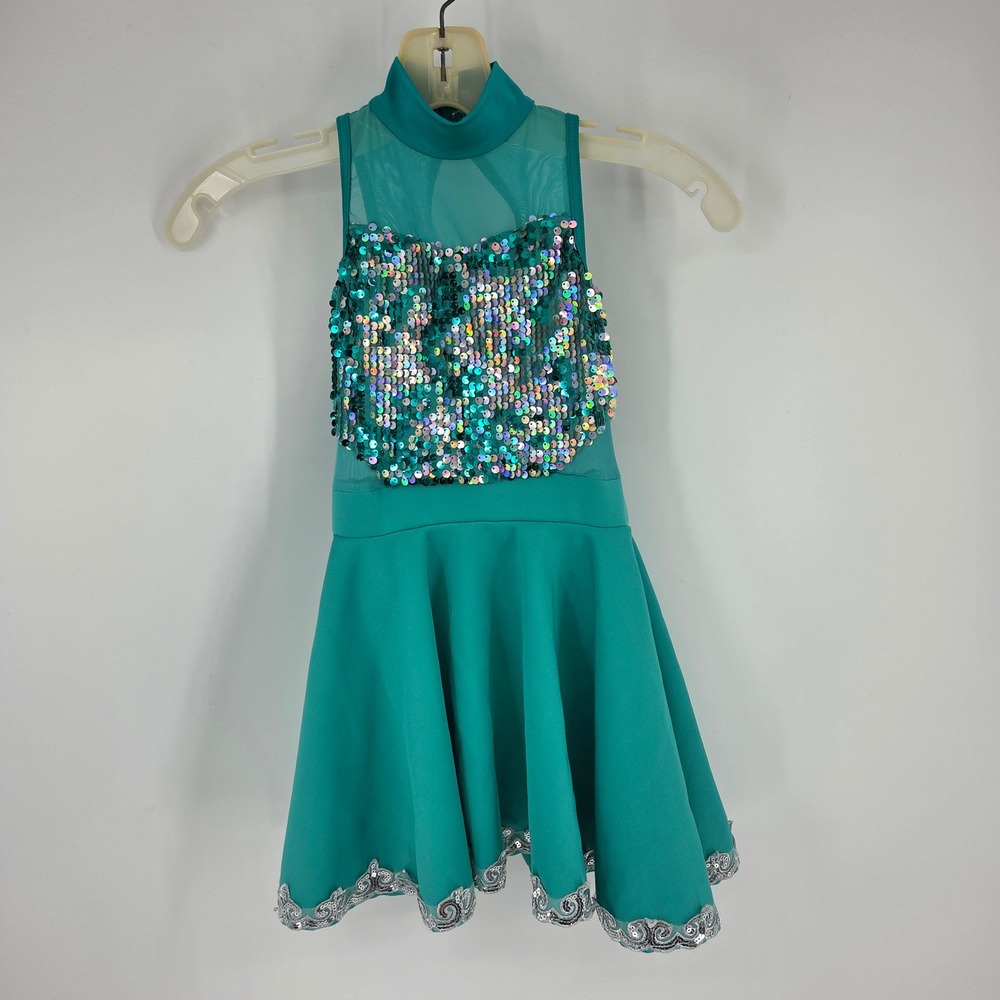 Weissman Teal Sequin Dance Costume Dress Mock Neck Keyhole Back Kids IC 7/8